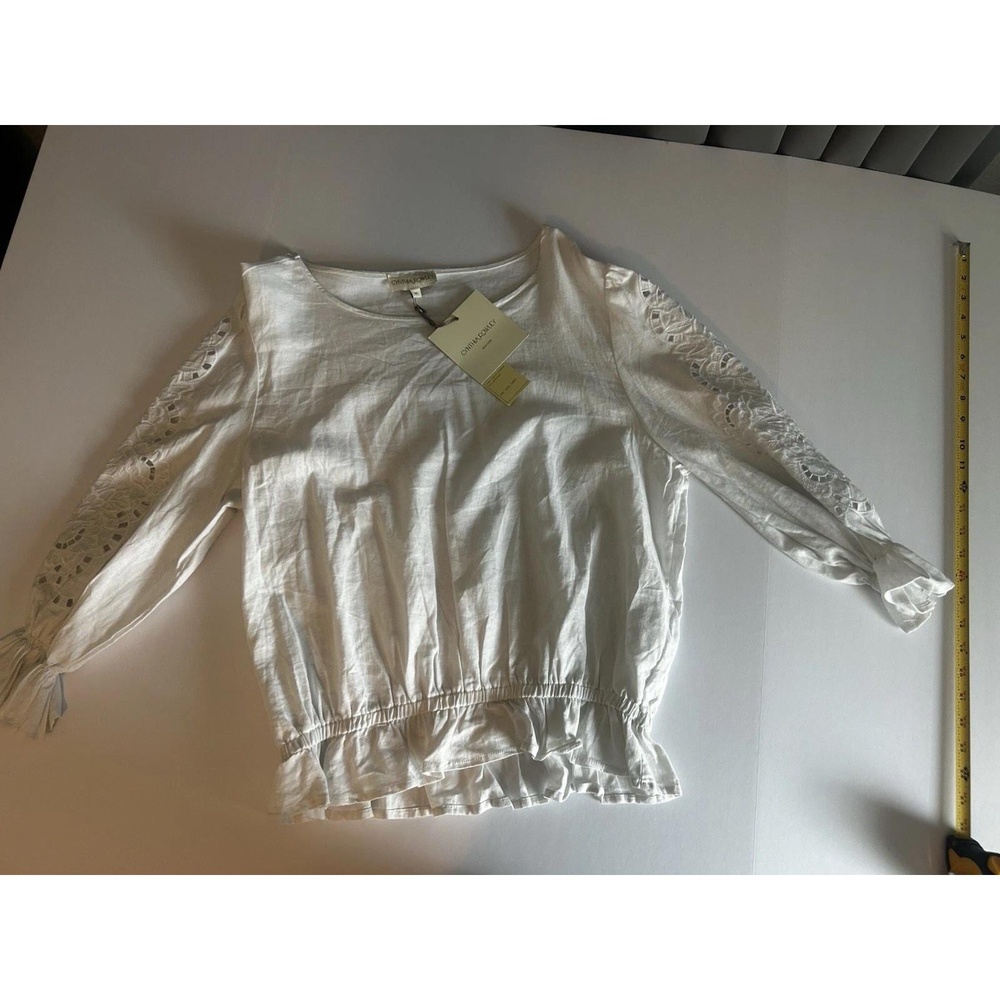 Cynthia Rowley White Smocked Cuffed‎ Sleeve Blouse XL
